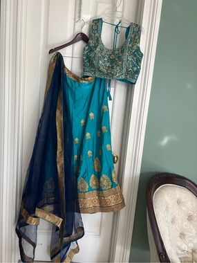 Embroidered Teal & Navy wedding Lehenga Set with Gold Accents three piece medium